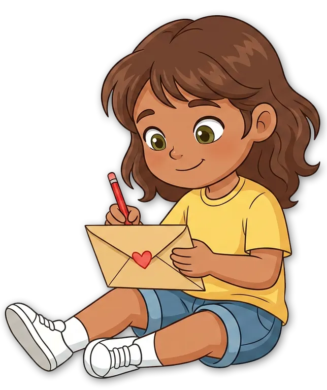 Petite fille assise qui écrit une lettre