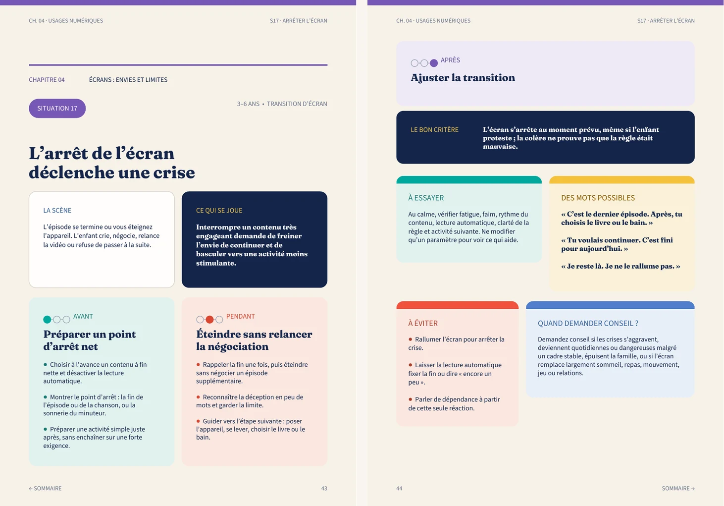 Double page du guide Quand ça coince sur la crise d'un enfant au moment d'arrêter un écran