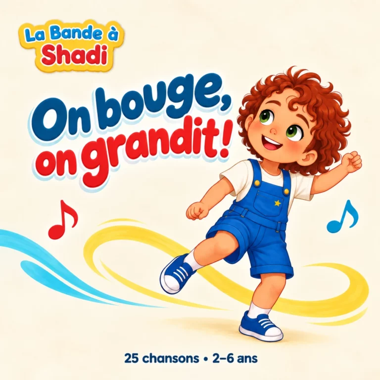 Pochette de l’album On bouge, on grandit ! de La Bande à Shadi : Shadi danse sur un fond crème. 25 chansons pour les 2 à 6 ans.