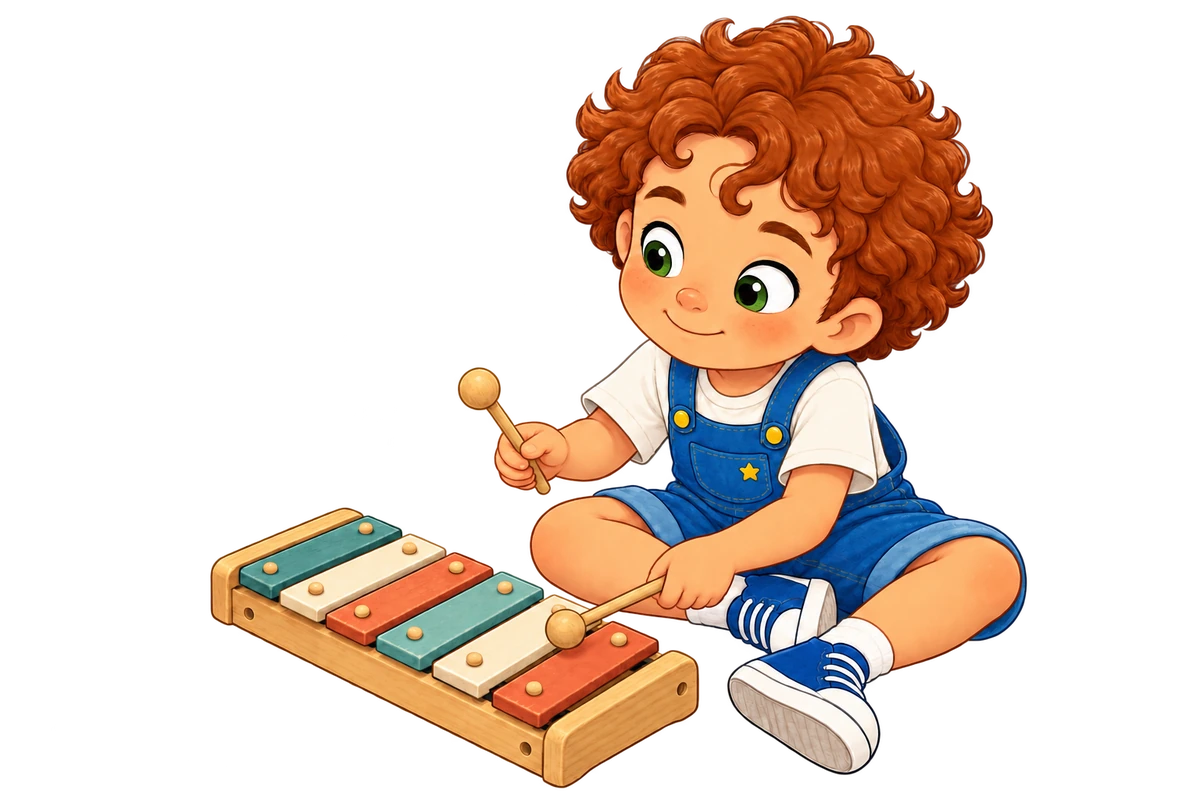 Shadi, assis, essaie doucement un rythme sur un petit xylophone.
