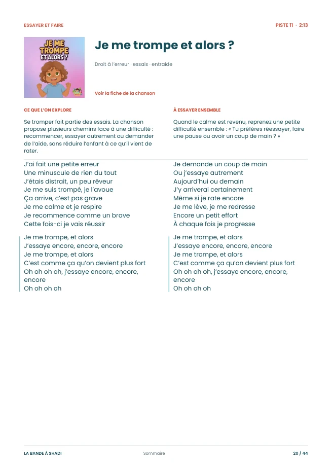 Première page consacrée à Je me trompe et alors, avec sa pochette, un repère pédagogique et une idée à essayer.