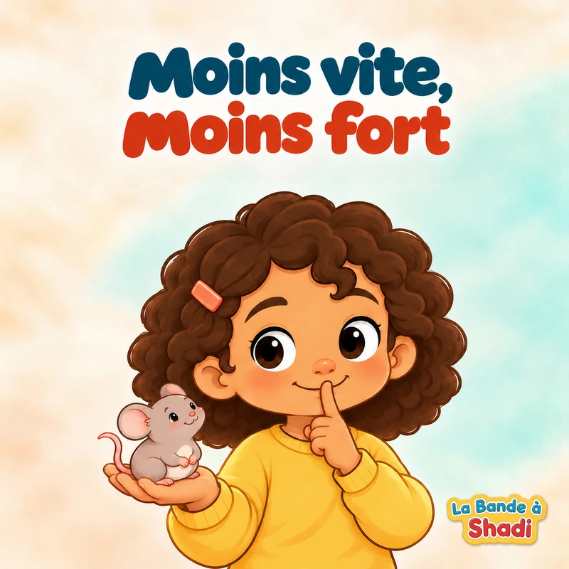 Moins vite, moins fort — une petite fille fait le geste chut avec une souris dans la main, sur la pochette de La Bande à Shadi.