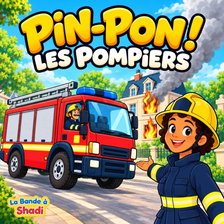 Pochette de Pin-pon, les pompiers ! de La Bande à Shadi : une pompière et un camion rouge devant une maison en feu.